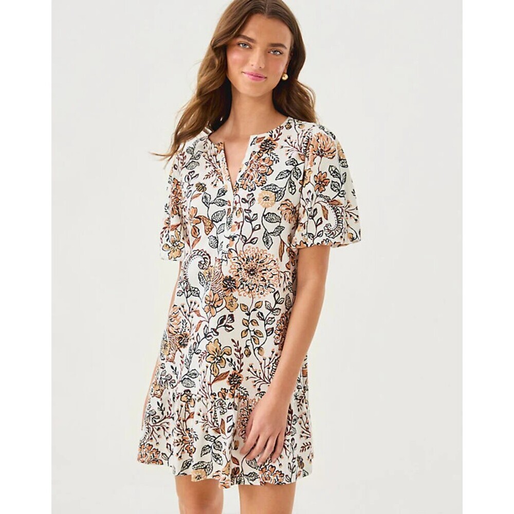 Lilly Pulitzer Amesbury Swing Dress Size XXS Cocnut Take Meowt Bubble Sleeves